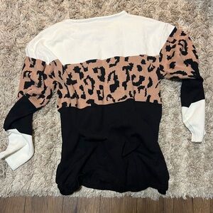 Leopard Print Colorblock Sweater - Black, White, Brown